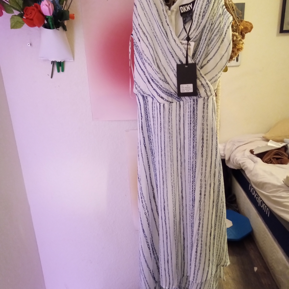 DKNY White and Black Striped Maxi Dress
